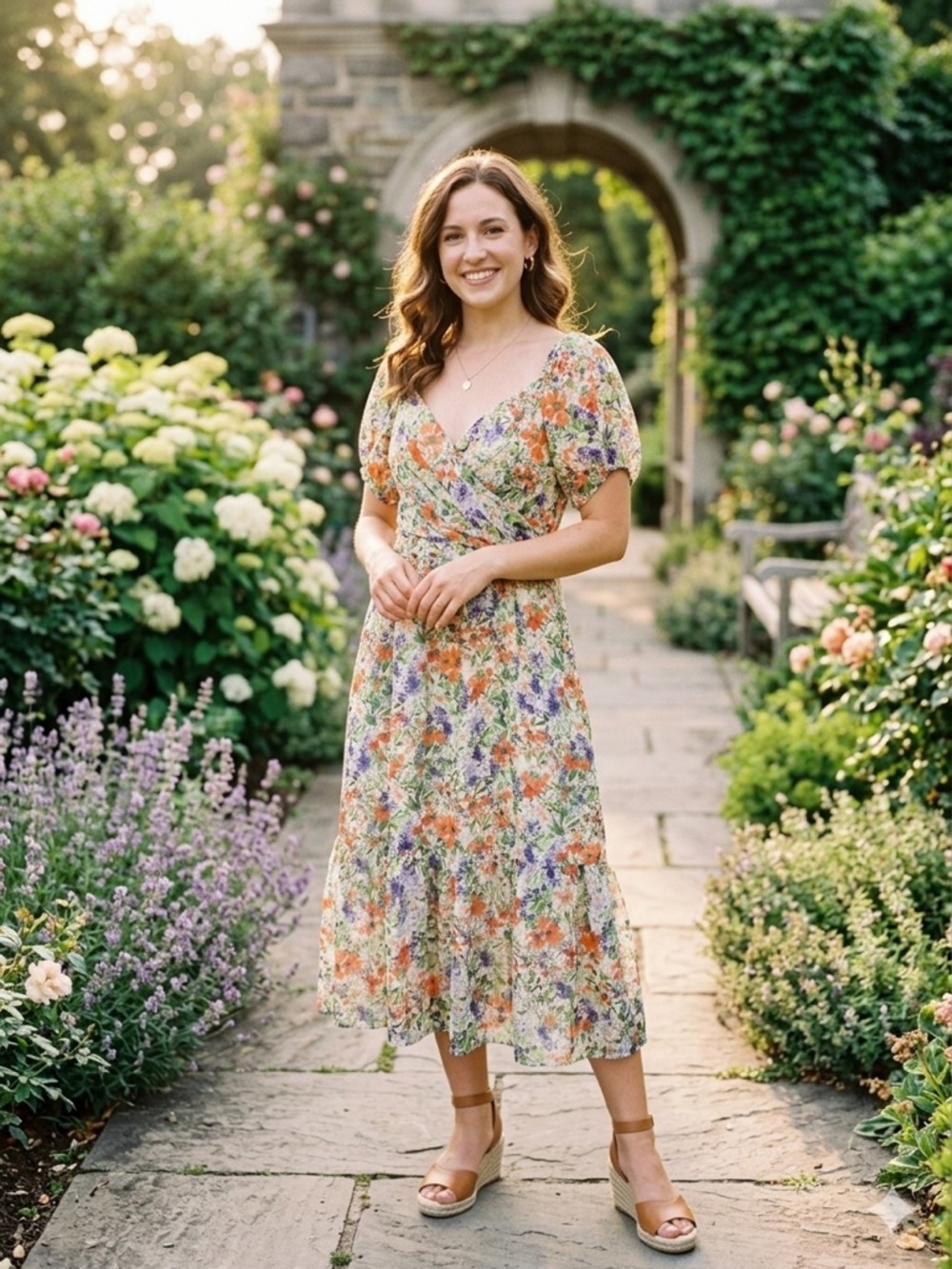 julia jordan Cream Floral Wrap Midi Dress with Orange & Purple Print